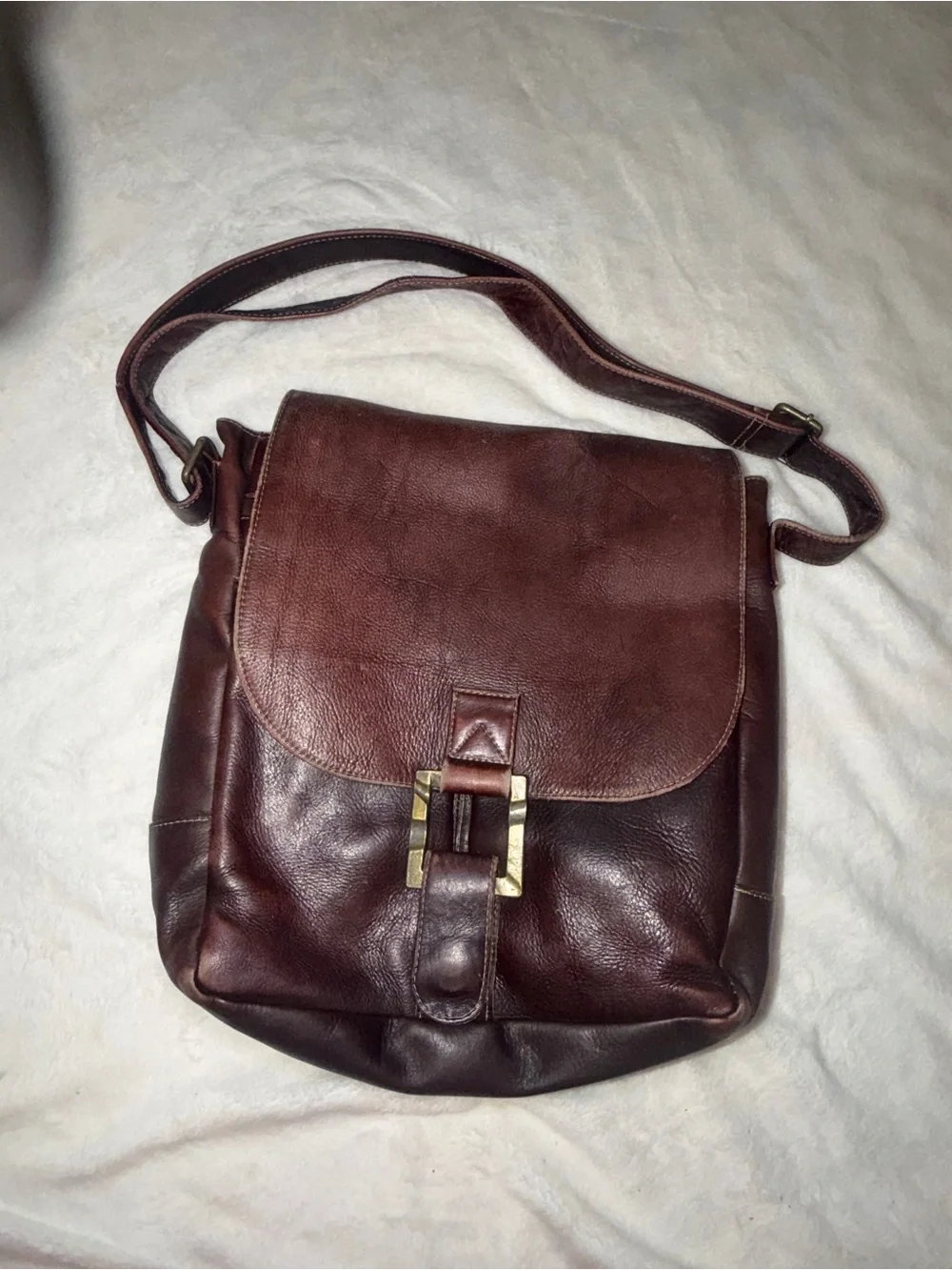 LM Brown Leather Messenger Bag with Buckle Detail